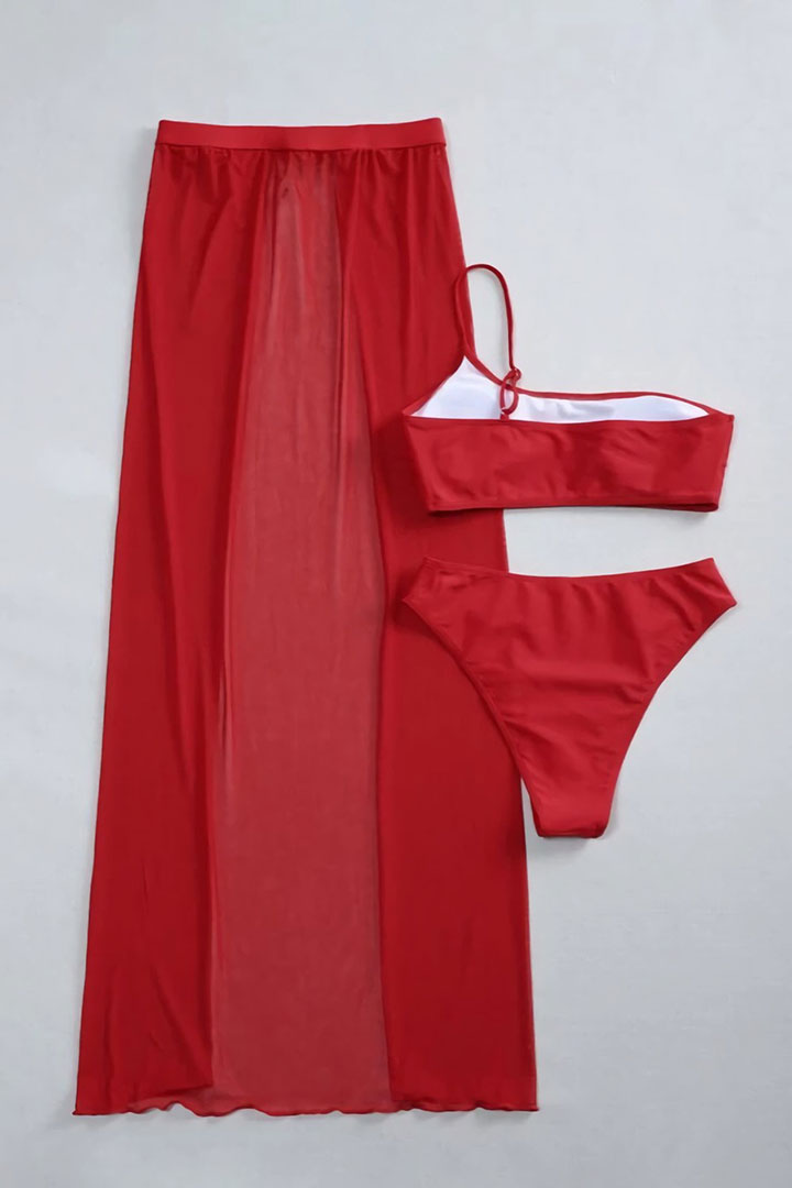 Picture of One Soulder Strap Two-Piece Bikini with Metal Buckle Overlay - Red