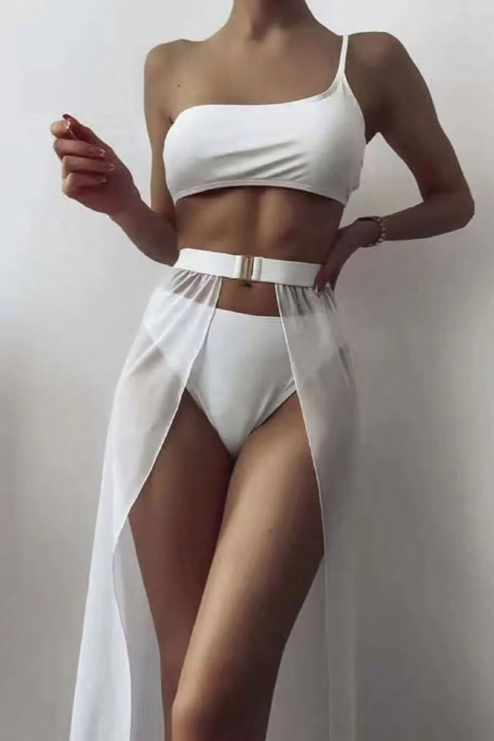 Picture of One Soulder Strap Two-Piece Bikini with Metal Buckle Overlay - White