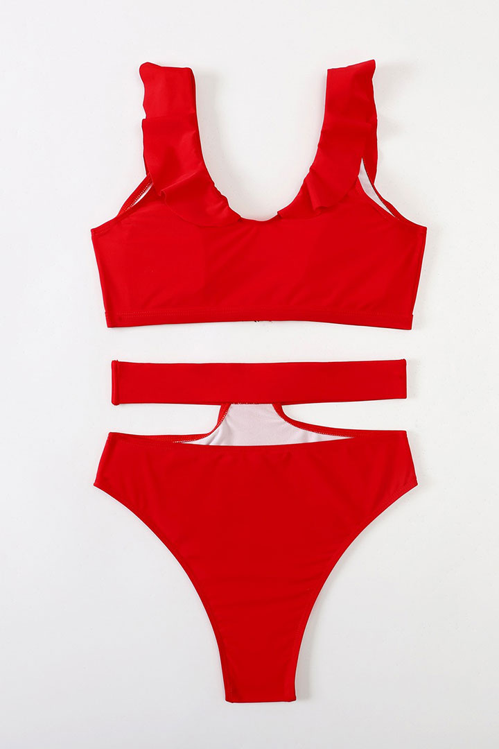 Picture of Ruffle Hollow Metal Buckle Two-Piece Swimwear - Red