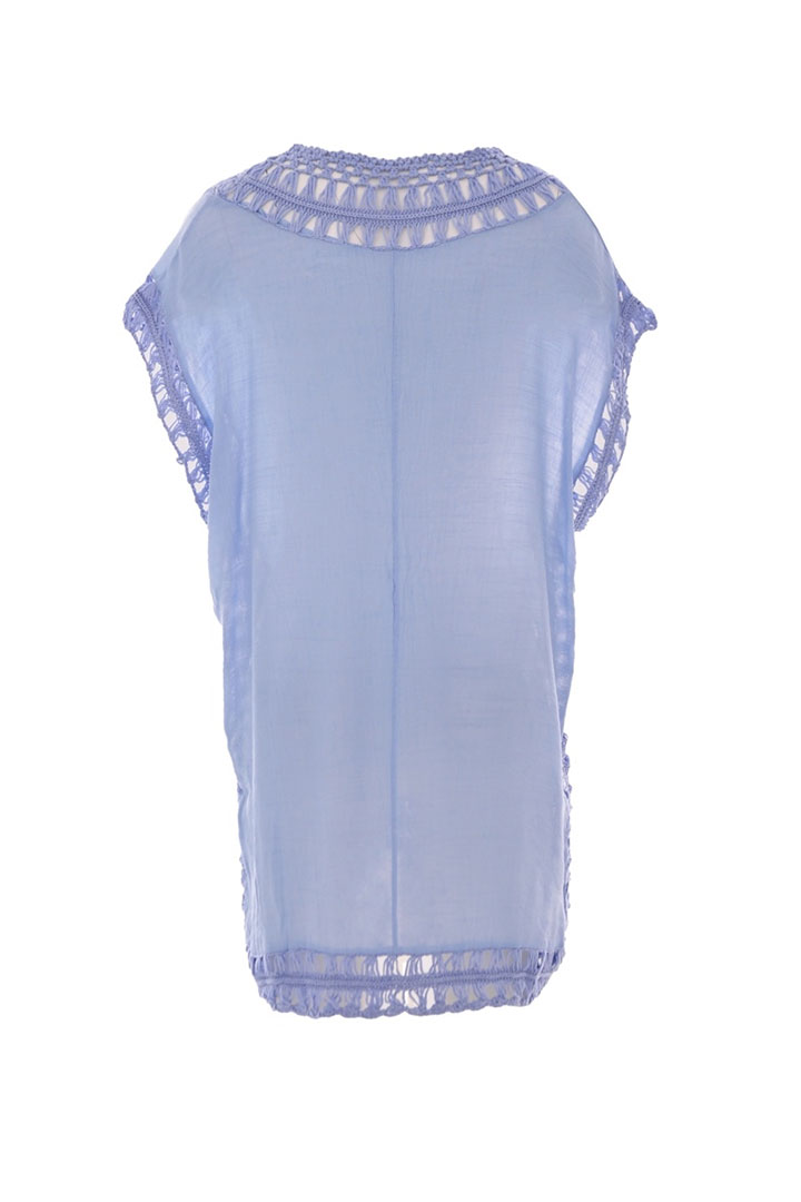 Picture of V-neck hollow crochet beach cover-up dress - Sky Blue