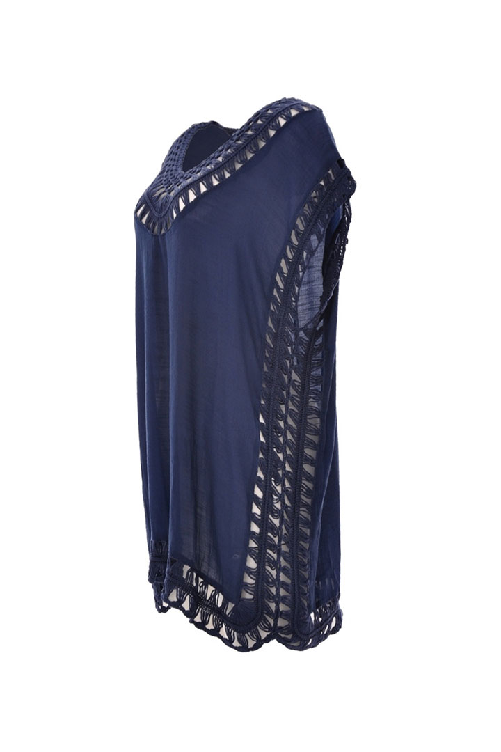 Picture of V-neck hollow crochet beach cover-up dress - Dark Blue