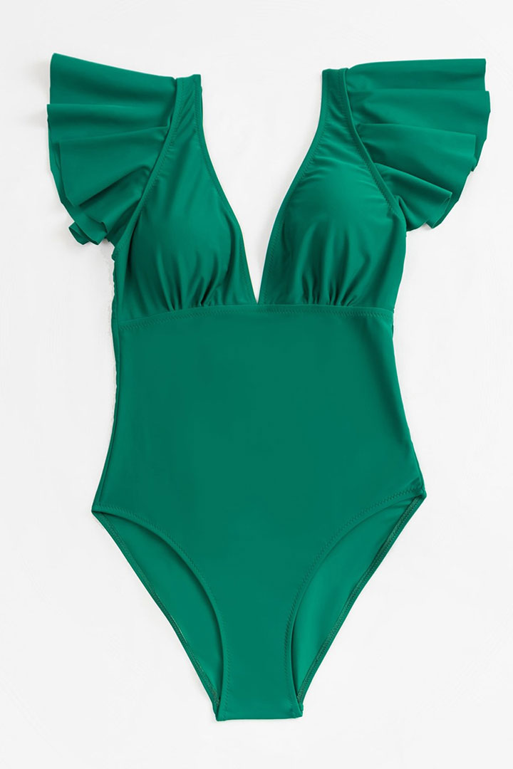 Picture of V-Neck Backless Ruffle One-Piece Swimsuit - Green