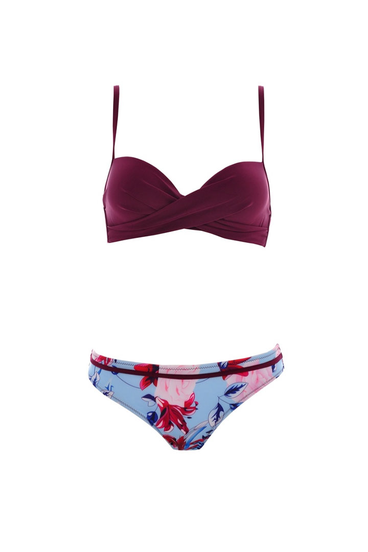 Picture of Two-Piece swimwear set with purple top and floral bottom