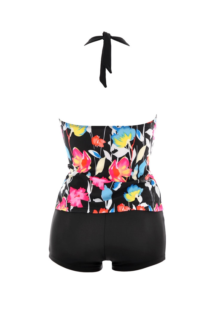 Picture of Two-Piece swimwear set with black multi floral top and black bottom - Black & Pink