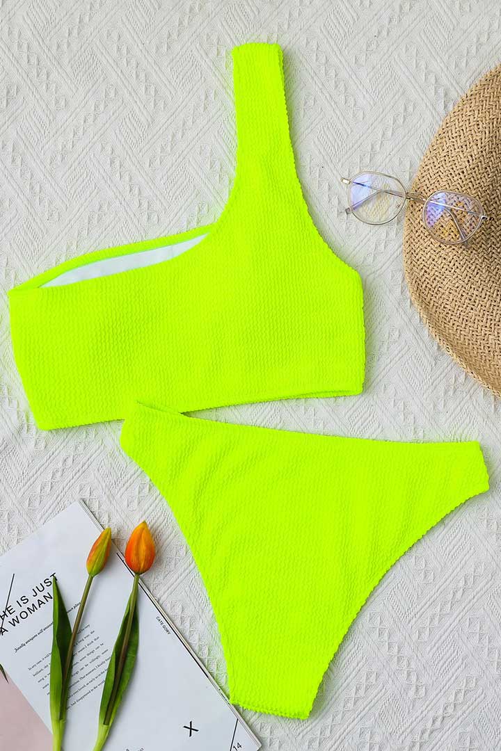 Picture of Textured One Shoulder Two-Piece Swimwear -Neon Green/Yellow