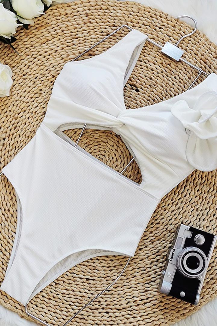 Picture of Ruffle Cut Out Back Tie One-Piece Swimwear - White