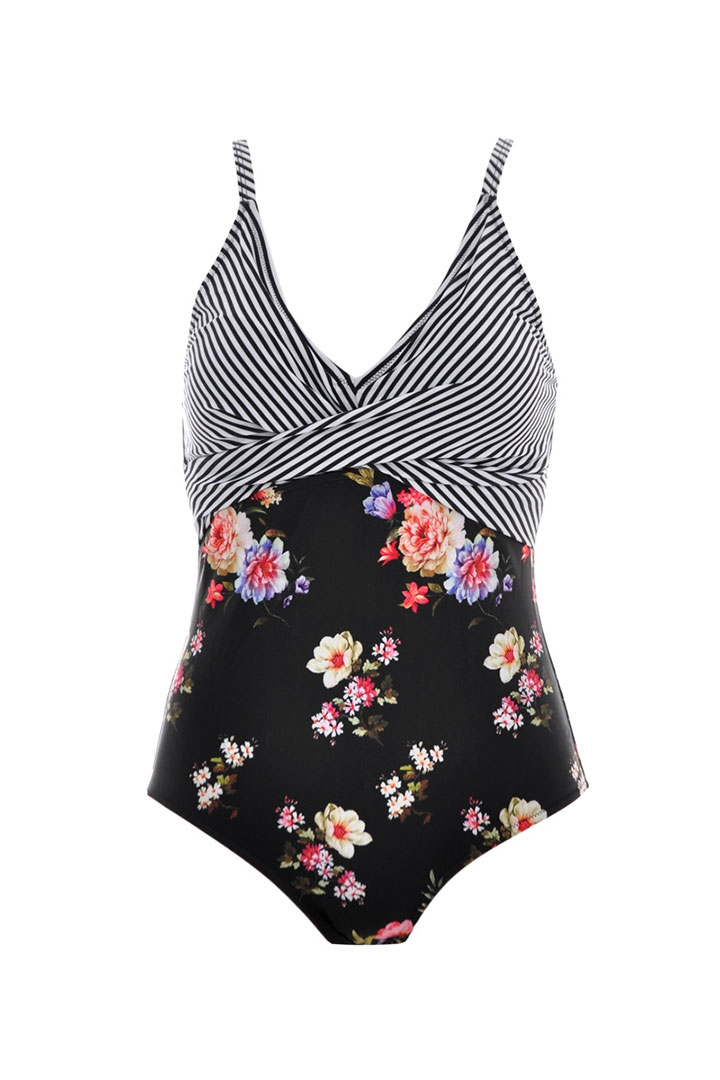 Picture of One Piece stripes with black floral swim suit - Black