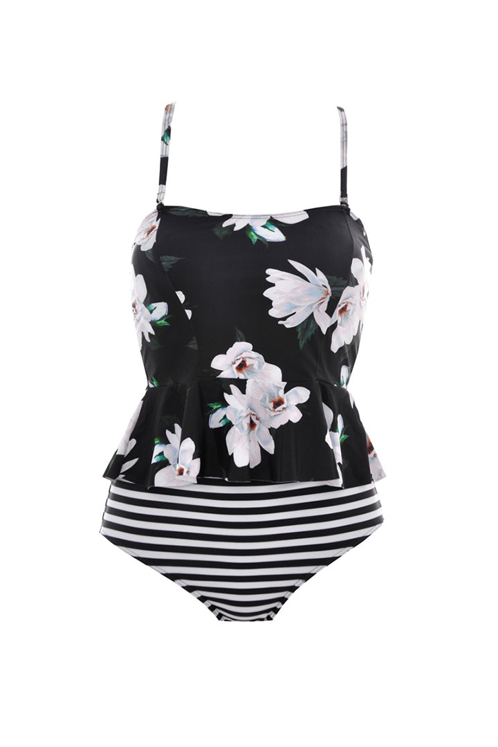 Picture of One Piece black floral striped swim suit - Black & Green