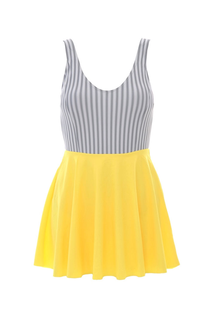 Picture of One piece Grey Stripe swim suit with Yellow overlay skirt