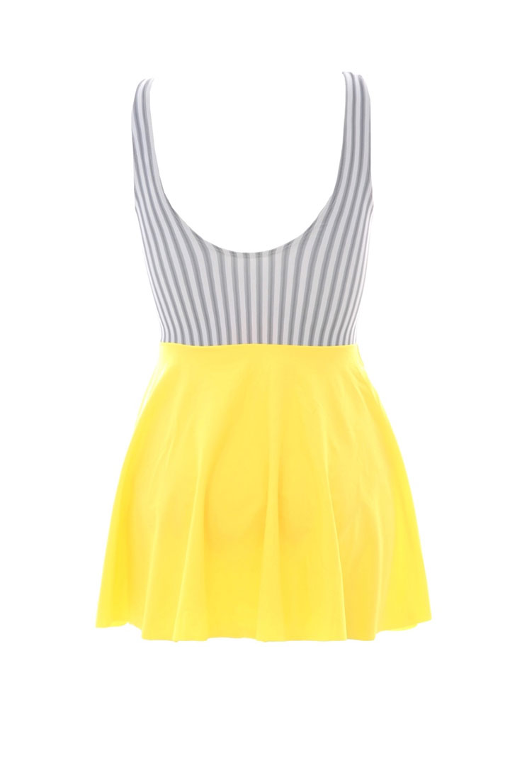 Picture of One piece Grey Stripe swim suit with Yellow overlay skirt