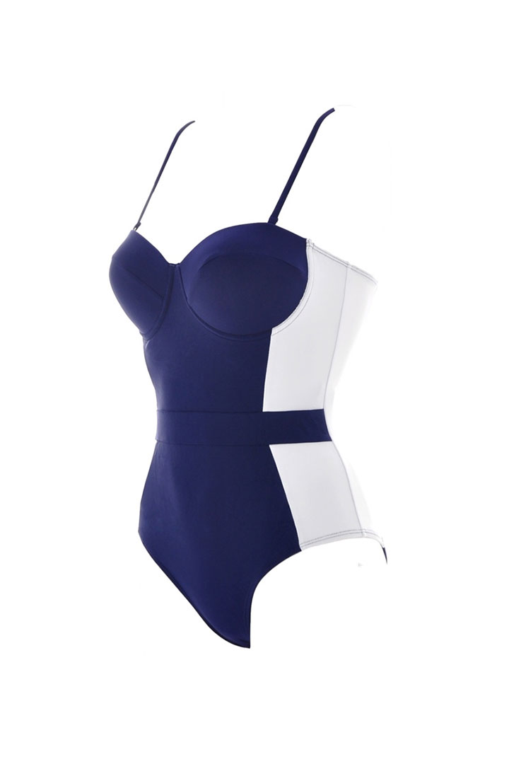 Picture of One Piece navy blue white spliced swim suit with adjustable straps
