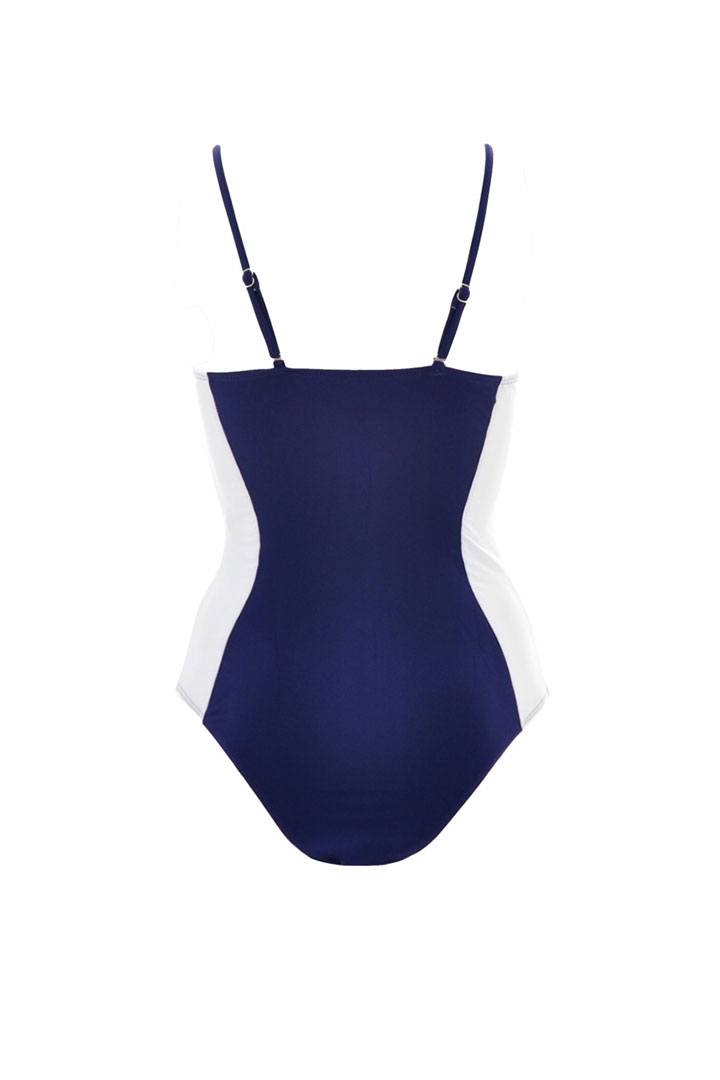 Picture of One Piece navy blue white spliced swim suit with adjustable straps