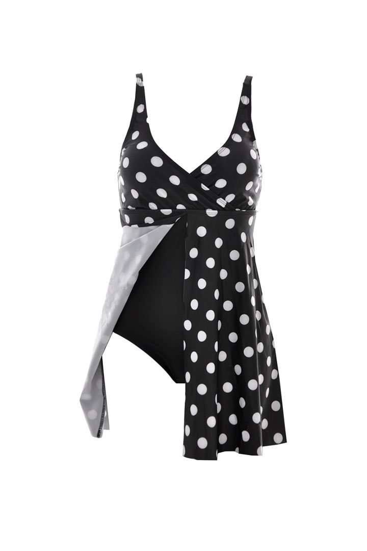 Picture of One Piece Polka Dots swim suit with overlay front slit skirt - Black & White
