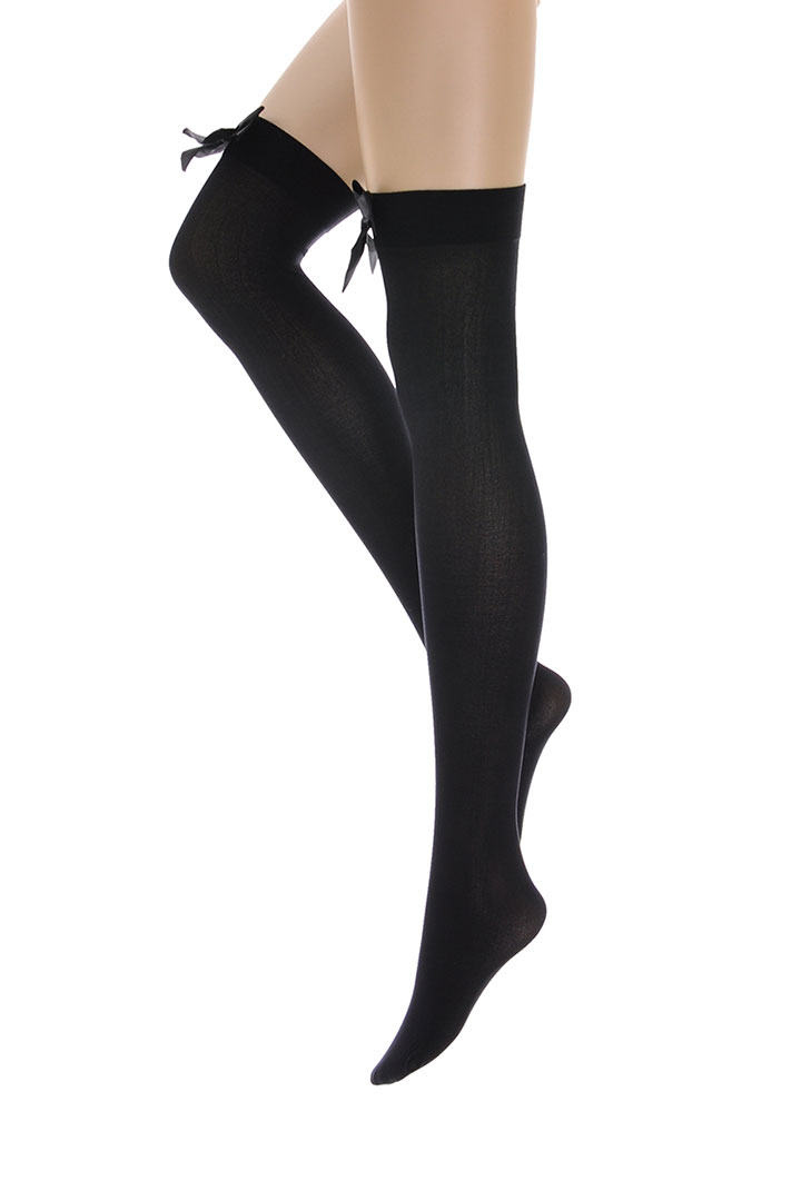 Picture of Opaque Thigh Hi With Satin Bow - Black