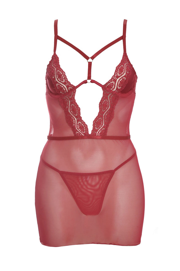 Picture of Mesh Lace Babydoll with G-String -  Burgundy
