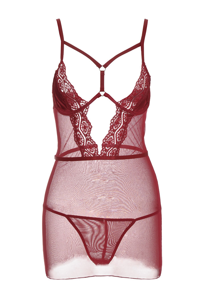 Picture of Mesh Lace Babydoll with G-String -  Burgundy