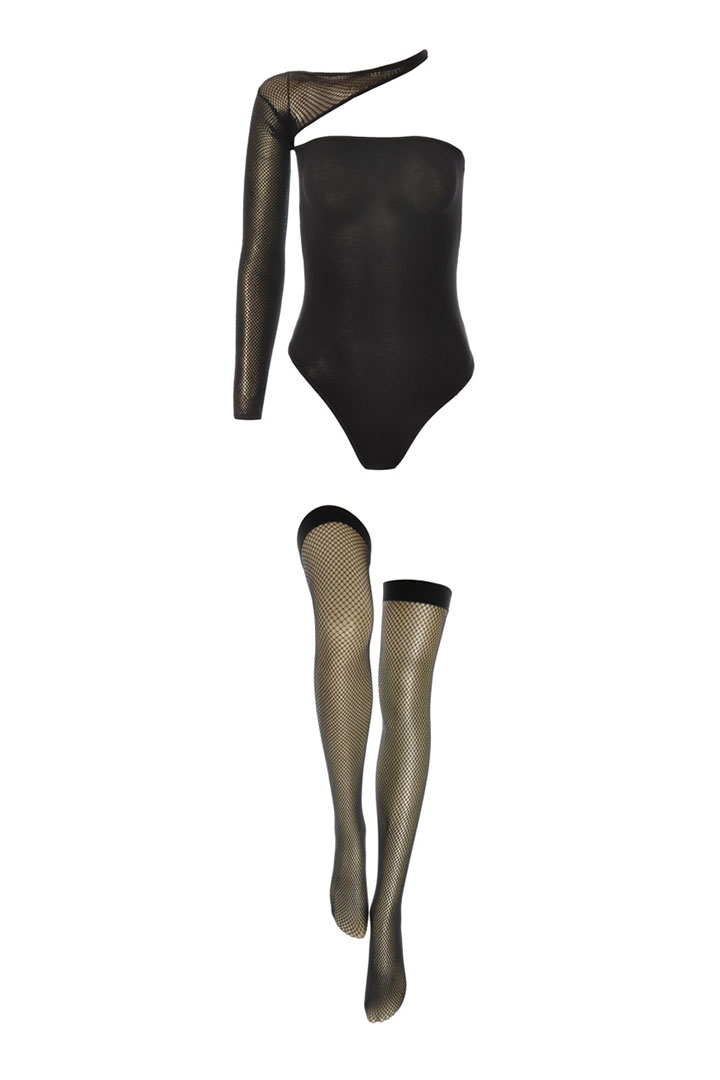 Picture of Opaque Teddy with Fishnet Sleeve & Thigh Hi -  Black