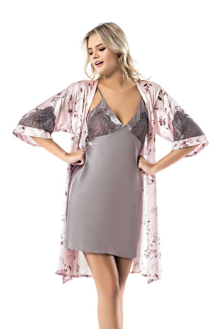 Picture of Floral Robe with Graphite Inner Slip Nightwear Set - Nude Pink