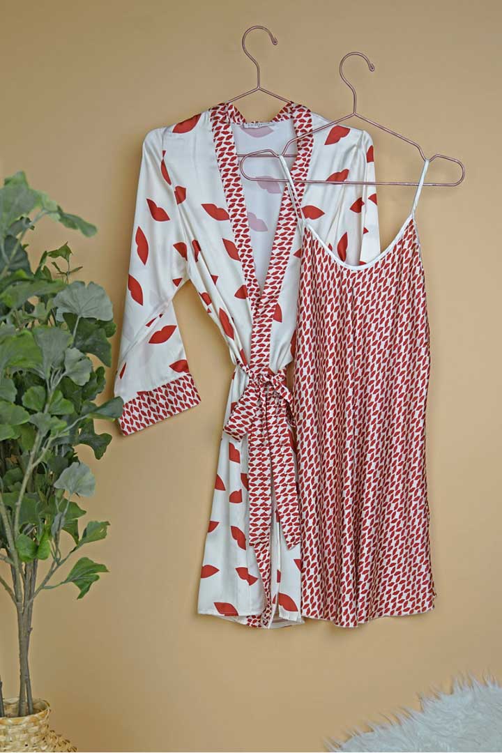 Picture of Lips Printed Slip with Cardigan 2 Pcs Short Nightwear - Off White & Red