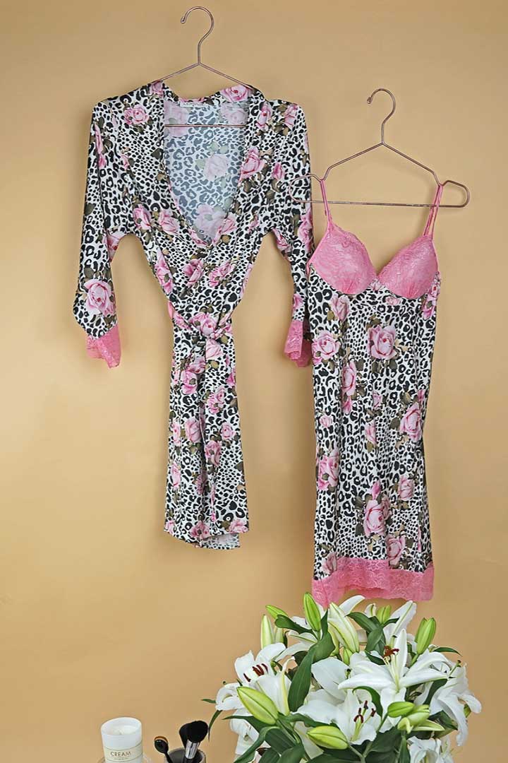 Picture of Pink Lace Cheetah Rose Print 2 Pcs Short Nightwear - Black & Pink