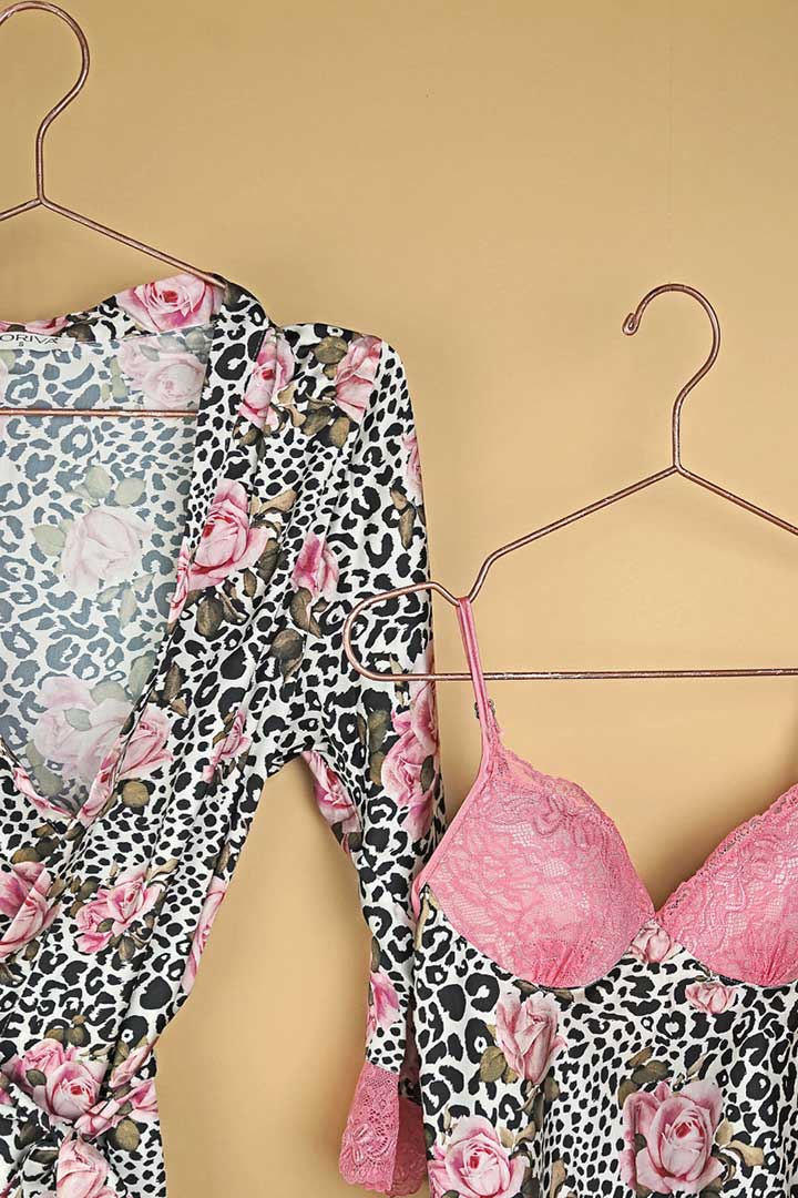 Picture of Pink Lace Cheetah Rose Print 2 Pcs Short Nightwear - Black & Pink