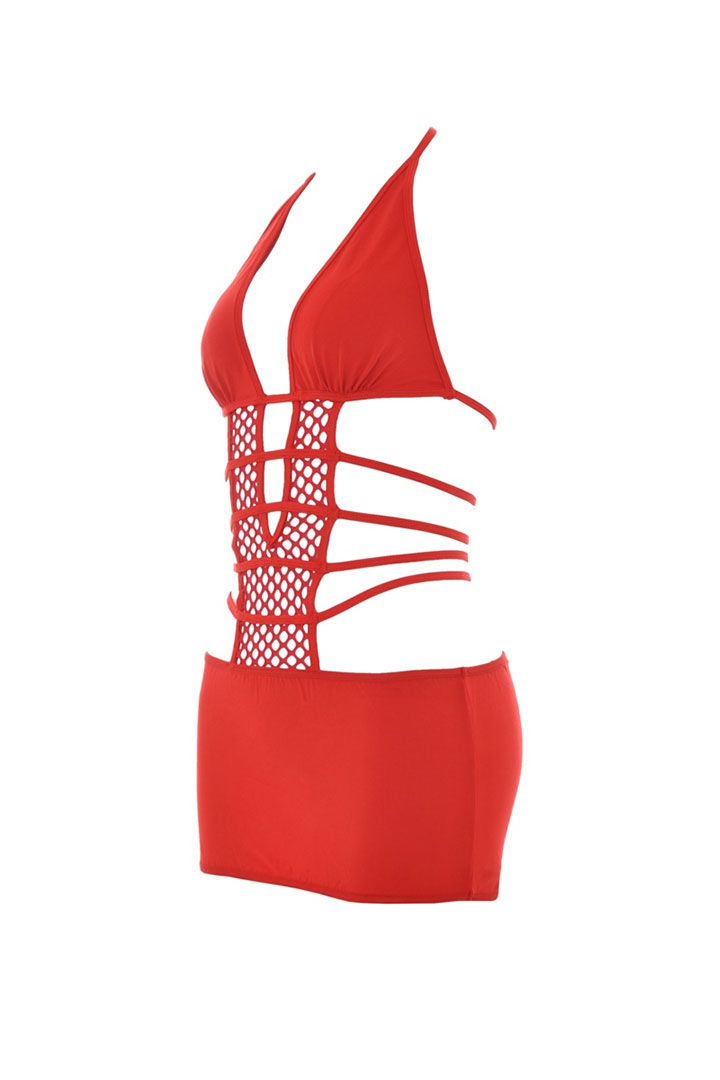 Picture of Deep V lycra and net halter neck - Red