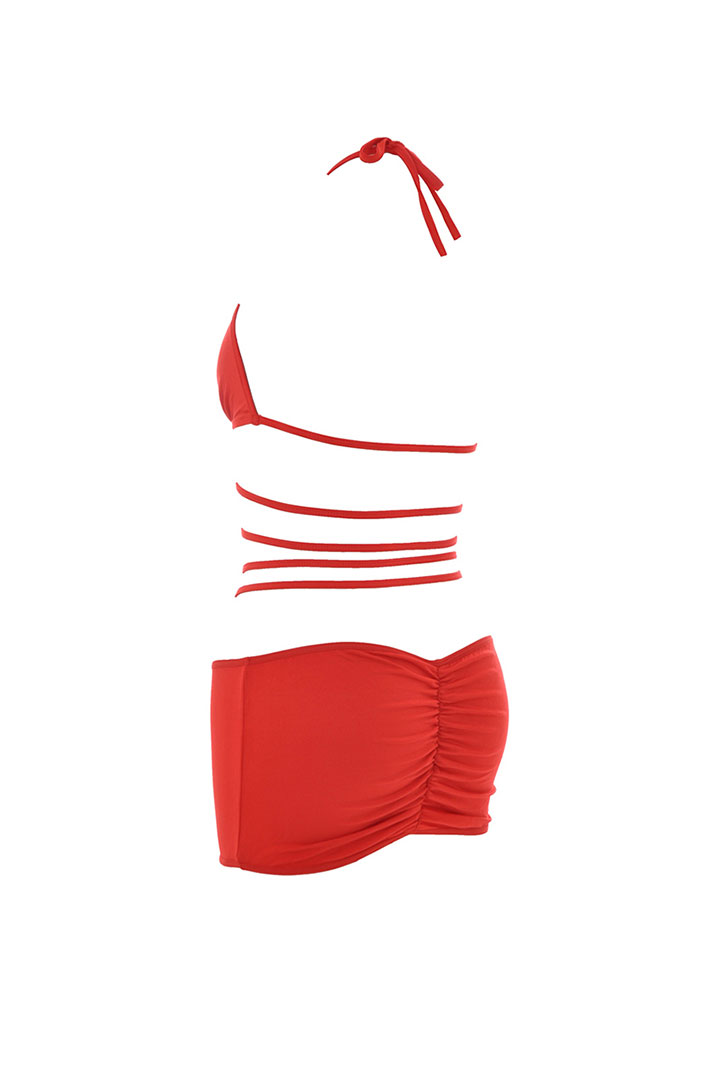 صورة ليكرا شبكي على شكل حرف V عميق بربطة عنقية - أحمر