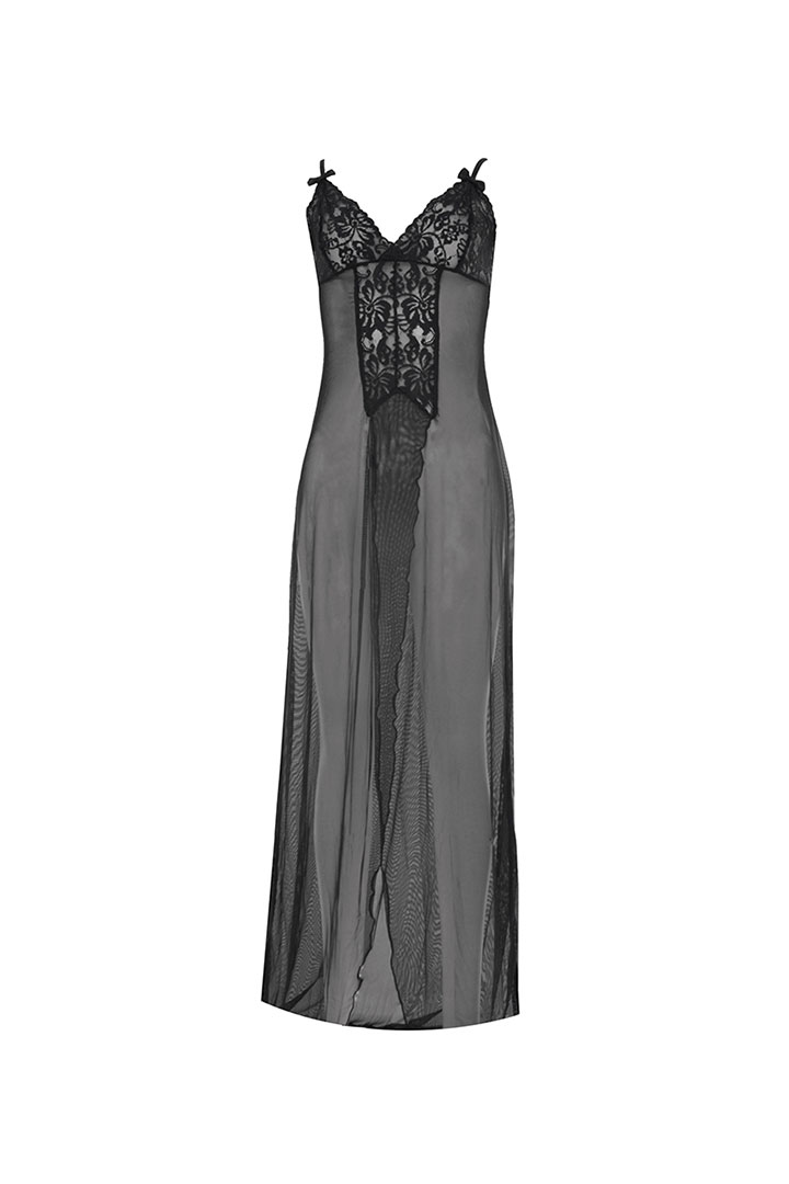 Picture of Long Mesh Gown With Front Slit - Black