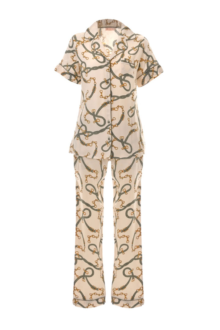 Picture of Golden Green Cord Half Sleeves Sleepwear Set - Off White