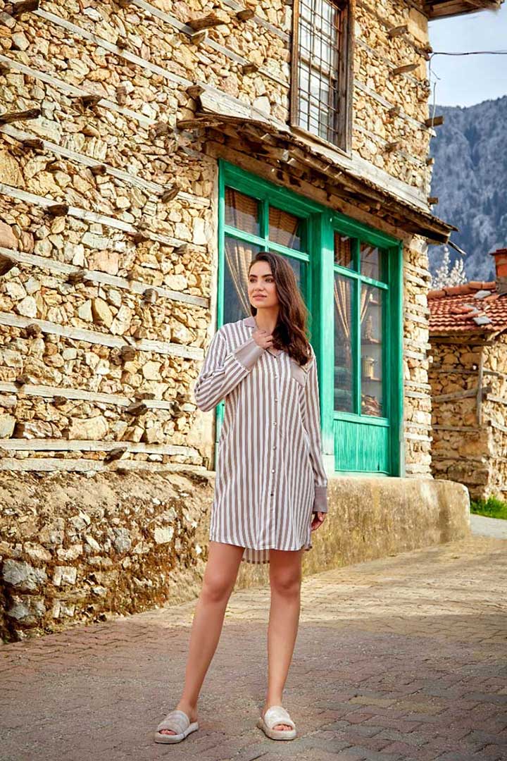 Picture of Striped Button-Up Dress - Tortilla Brown