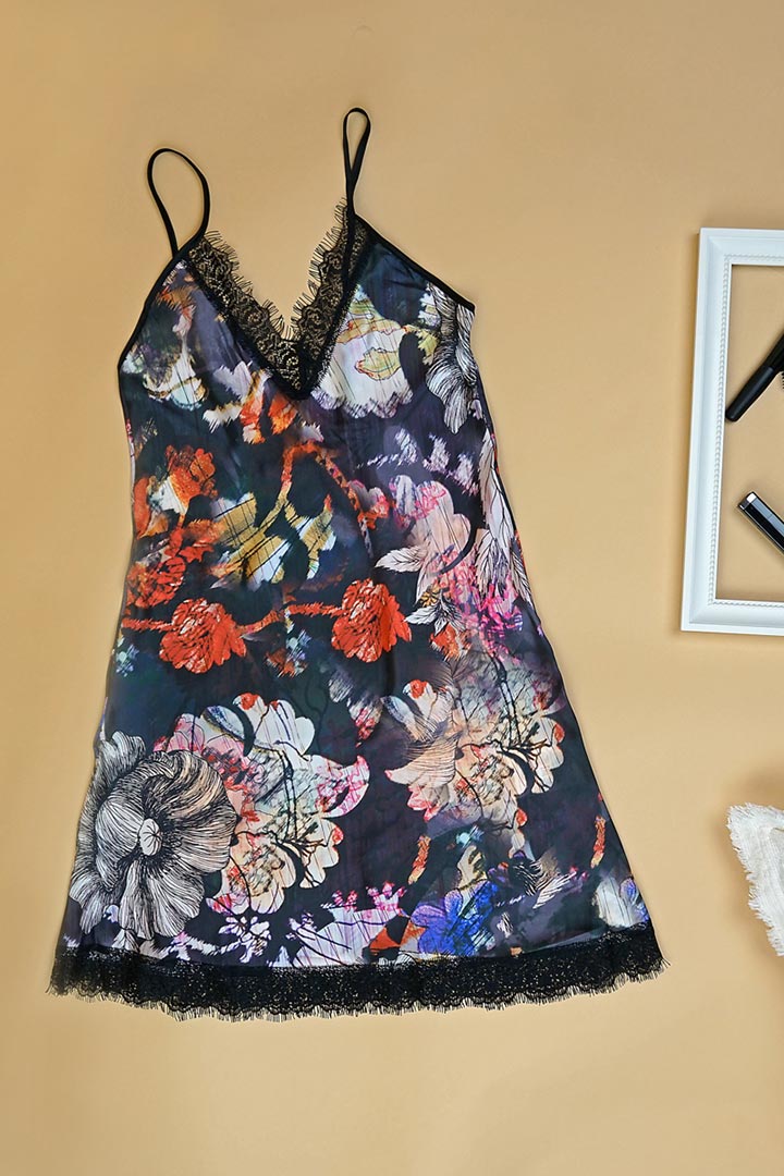 Picture of Multi Floral Printed Short Nightdress - Black & Multi