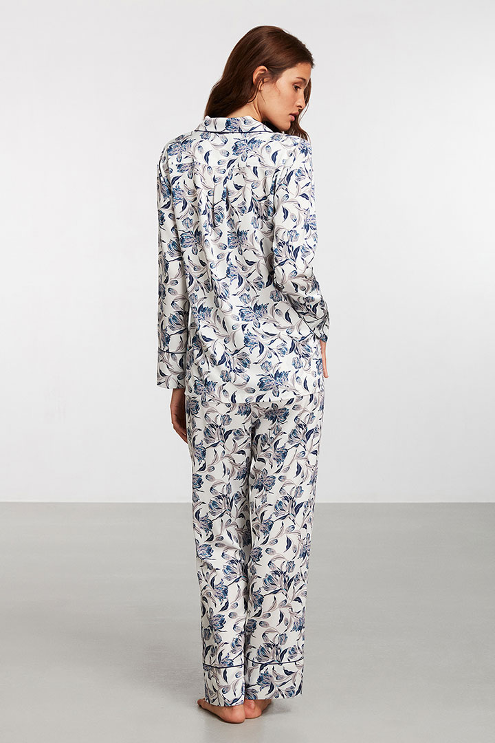 Picture of Blue Floral Patterned Pajama Set - White