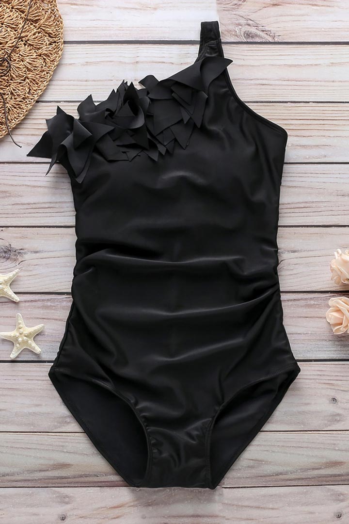 Picture of One Shoulder Strap Ruffle One-Piece Swimwear - Black