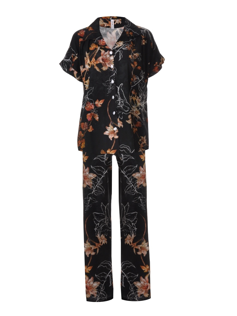 Picture of Set of Brownish Floral print Half Sleeves Top with Pajama - Black