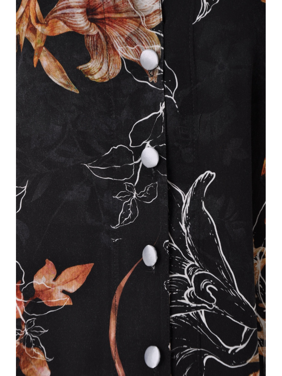 صورة طقم توب نصف كم بطبعة زهور بنية اللون مع بيجامة - أسود