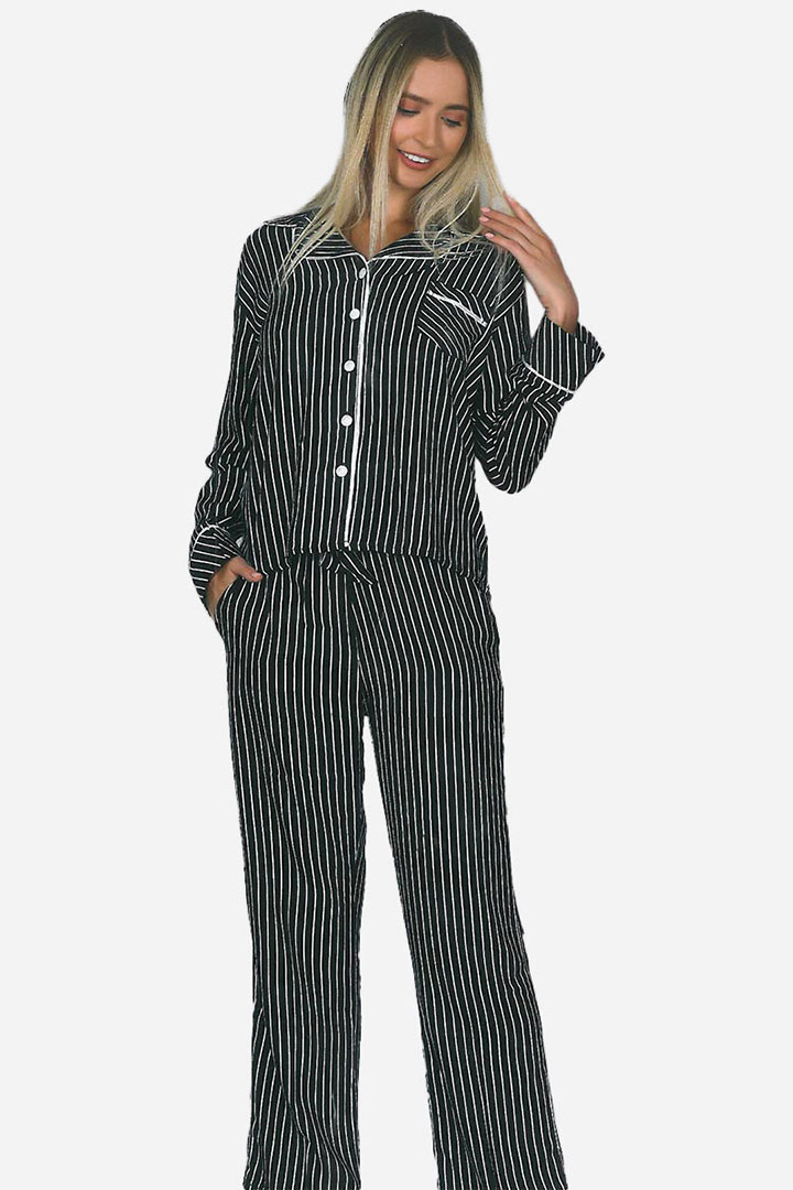 صورة Striped Long Sleeves Pajama Set - Black