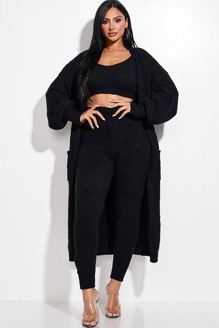 Picture of Set of Cozy Knit Top, Pants with Cardigan - Black