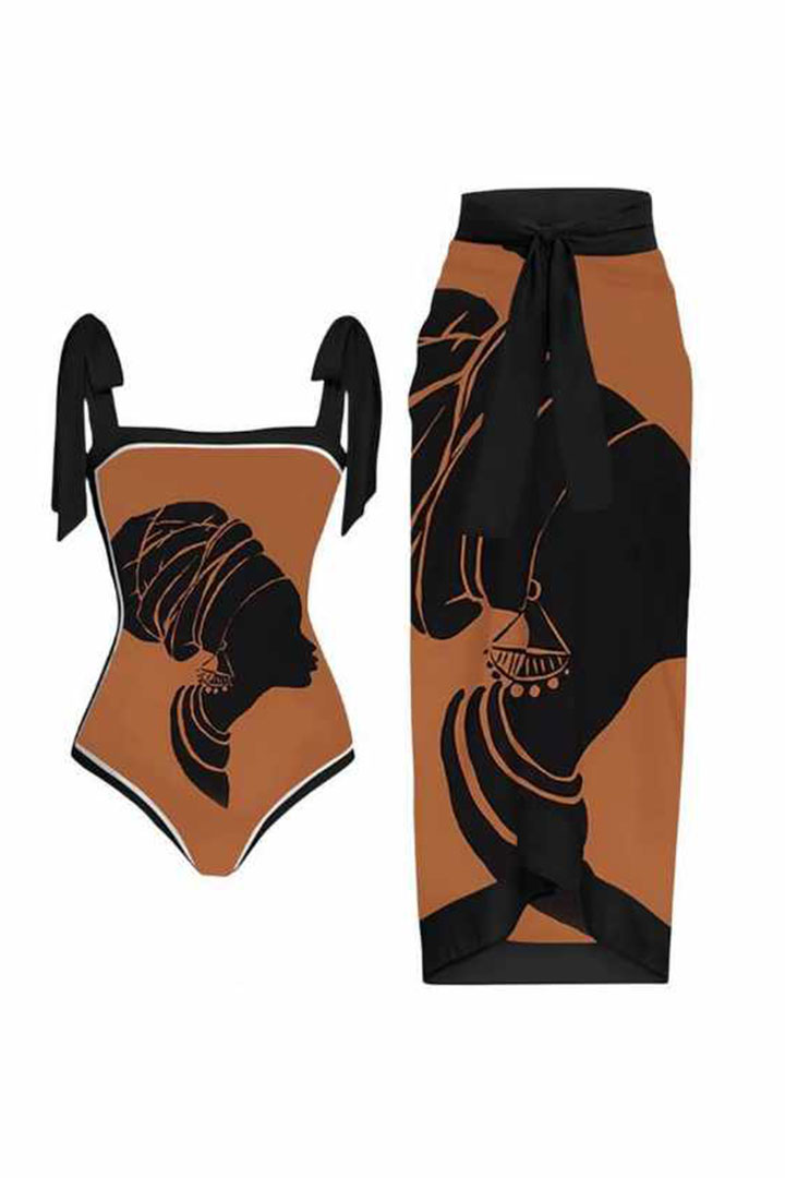 Picture of One Piece Padded Swimsuit with Sarong - Brown