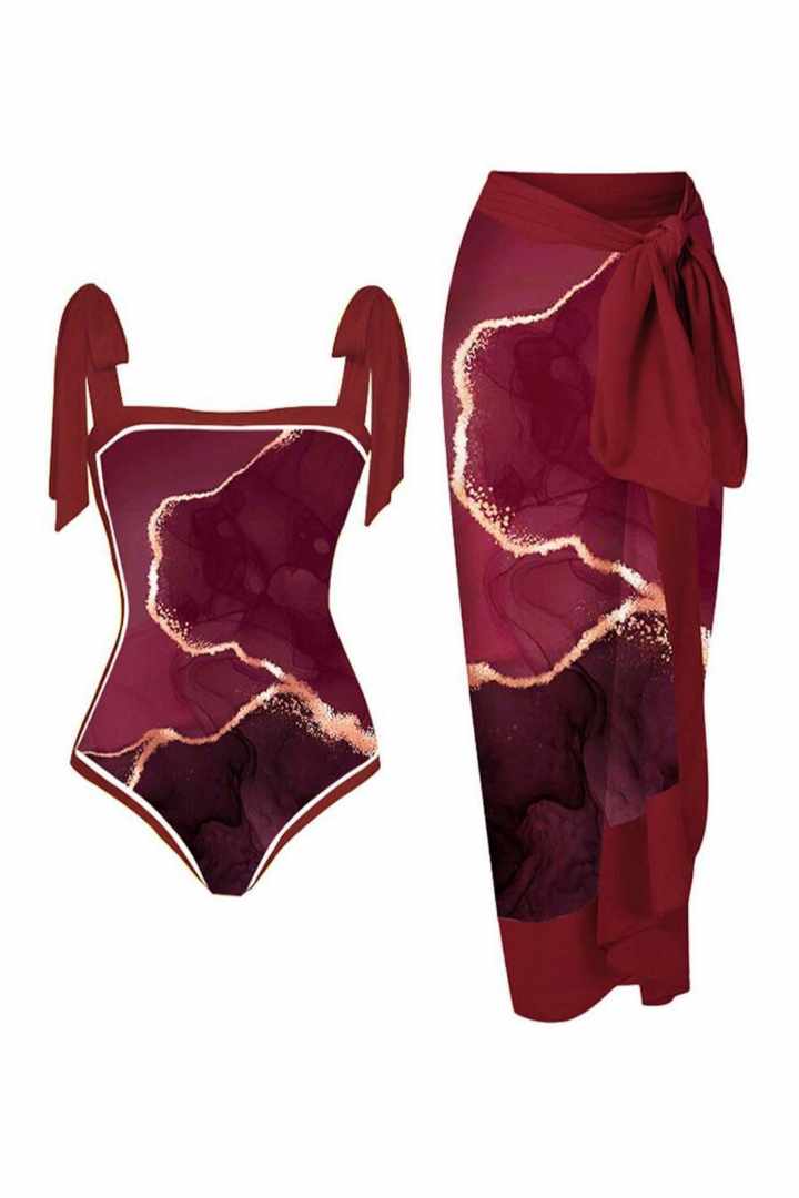 Picture of One Piece Padded Swimsuit with Sarong - Maroon