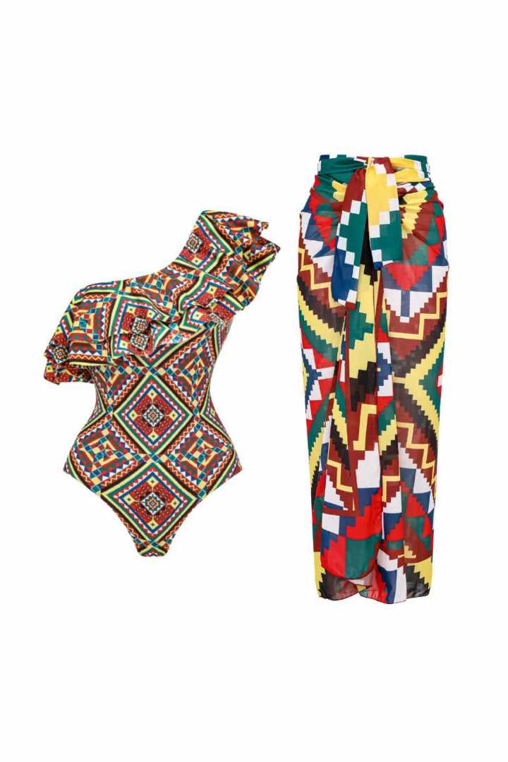 Picture of One Piece Padded Swimsuit with Sarong - Multi