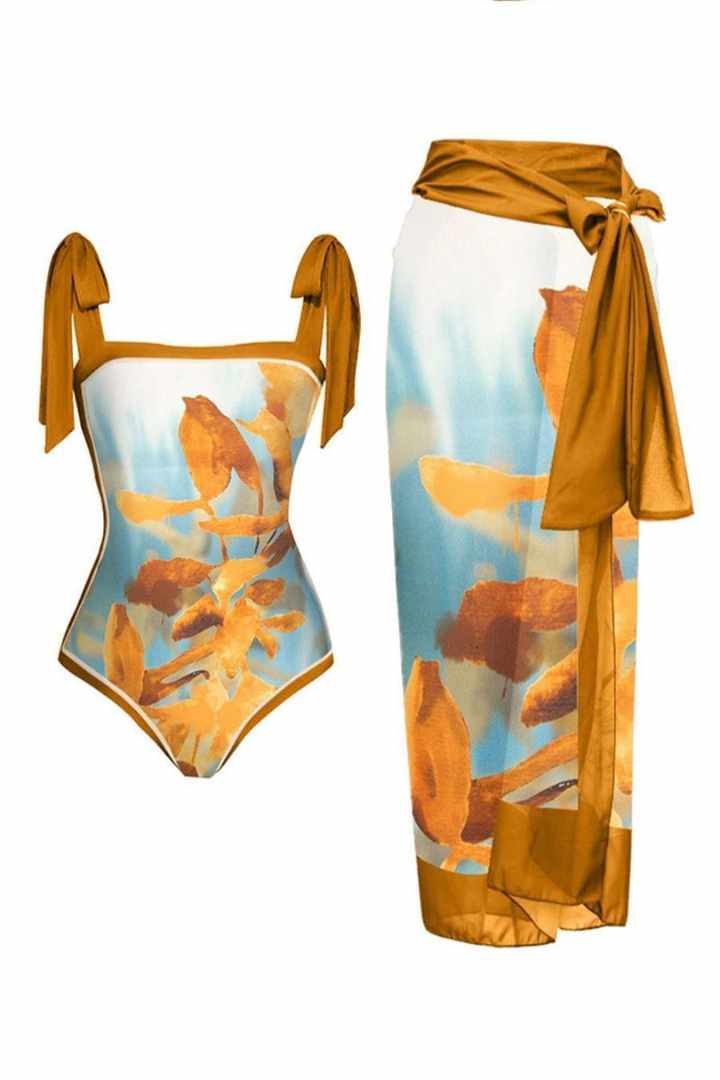 Picture of One Piece Padded Swimsuit with Sarong - Mustard