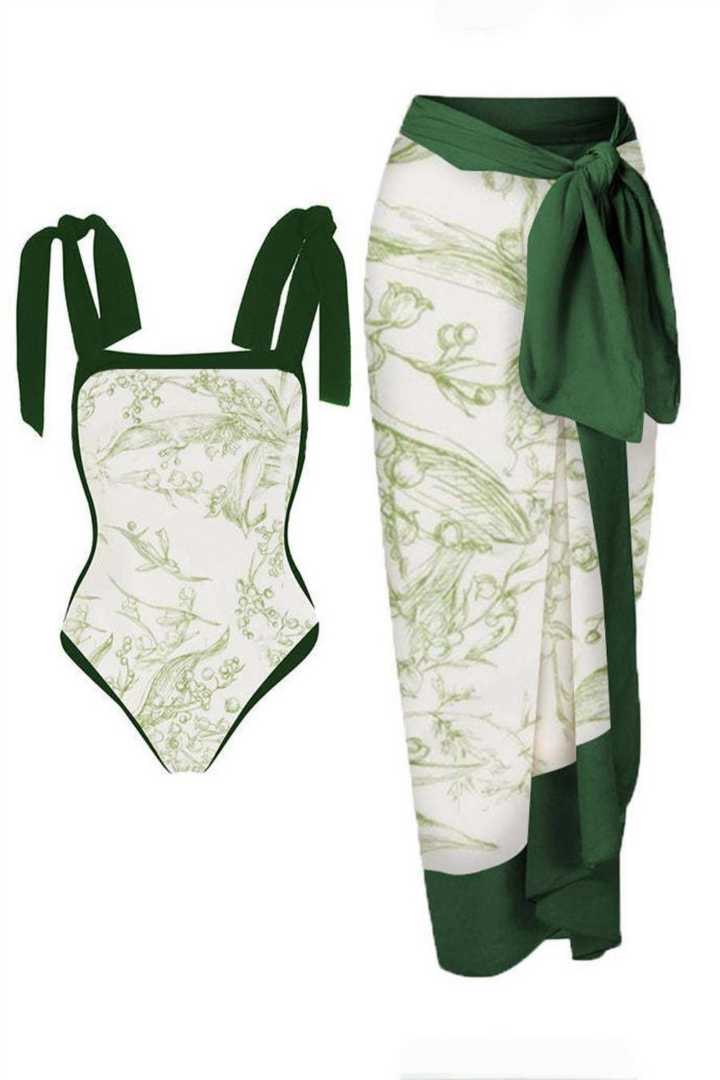 Picture of One Piece Padded Swimsuit with Sarong - White/Green