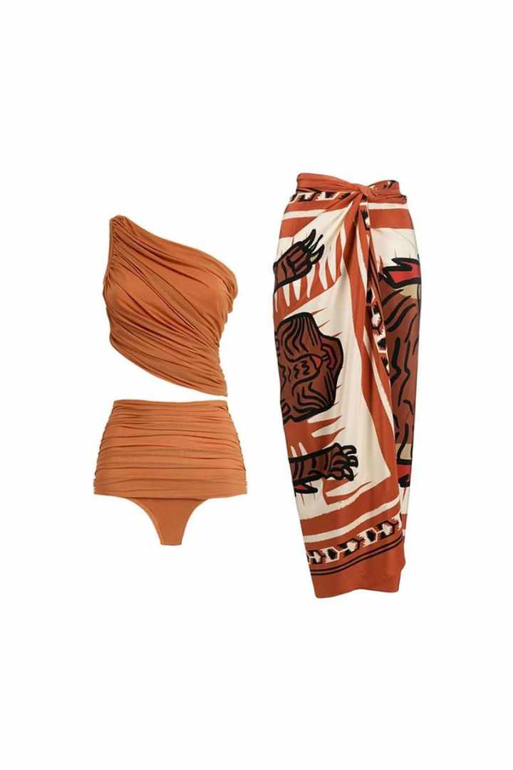 Picture of Two Piece Padded Swimsuit with Sarong - Brown