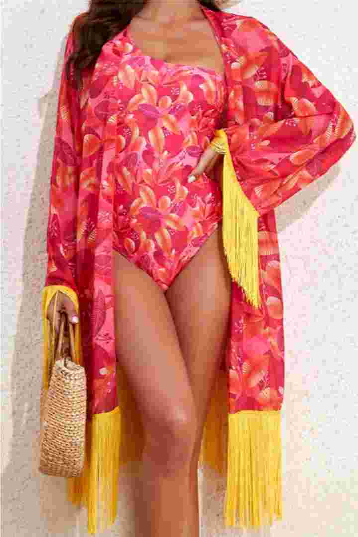 Picture of One-Piece Padded Swimsuit with Tassel Kimono - Pink