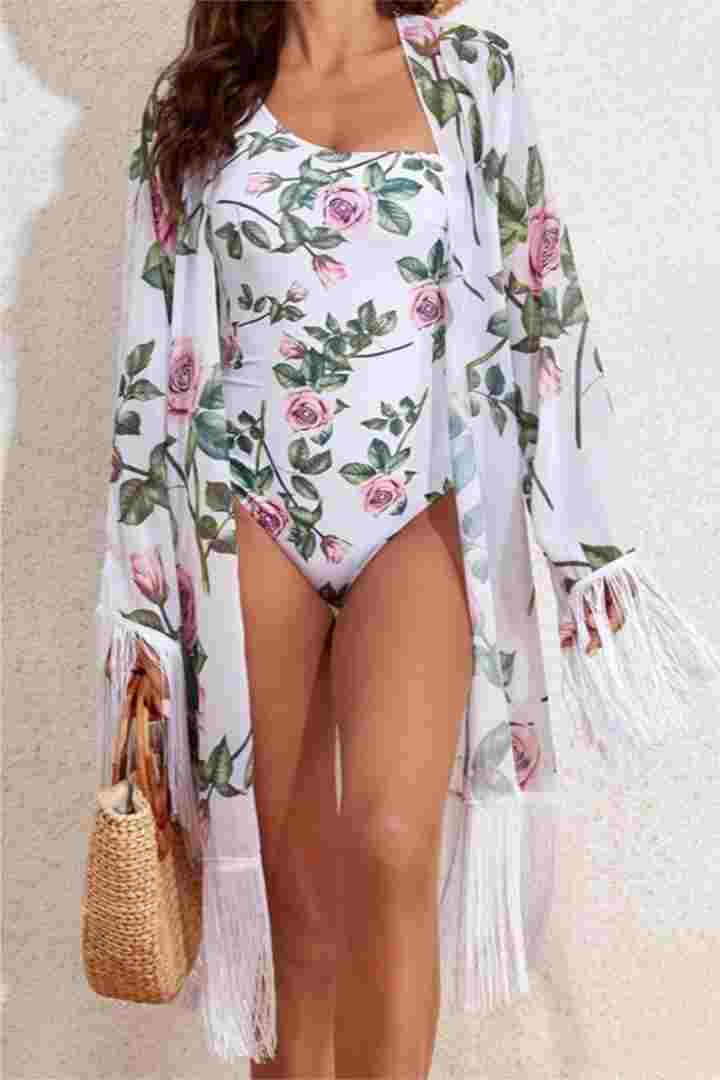 Picture of One-Piece Padded Swimsuit with Tassel Kimono - White