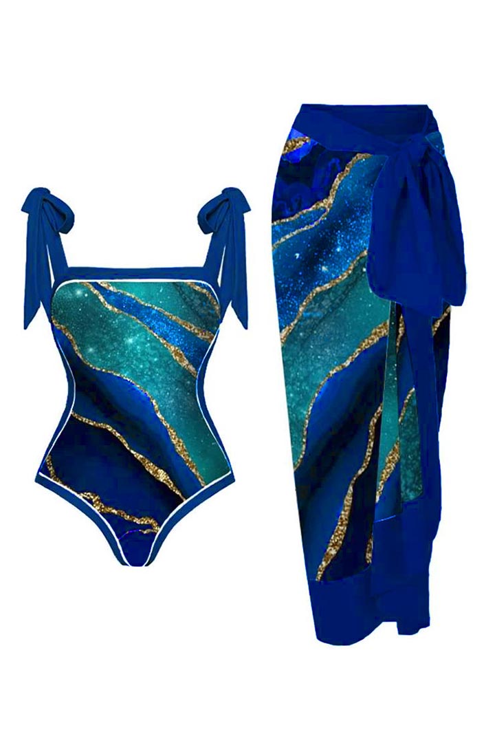 Picture of One Piece Padded Swimsuit with Sarong - Blue 