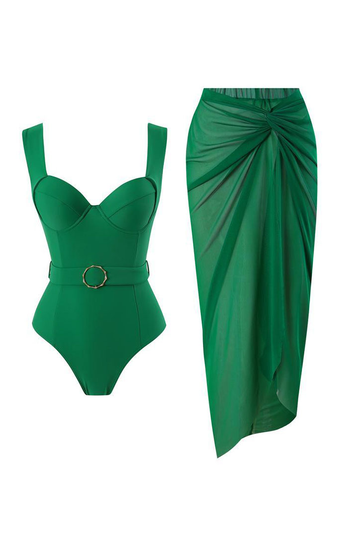 Picture of One Piece Padded Swimsuit with Sarong - Green 