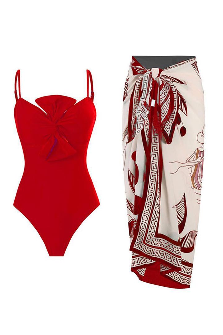 Picture of One Piece Padded Swimsuit with Sarong - Red