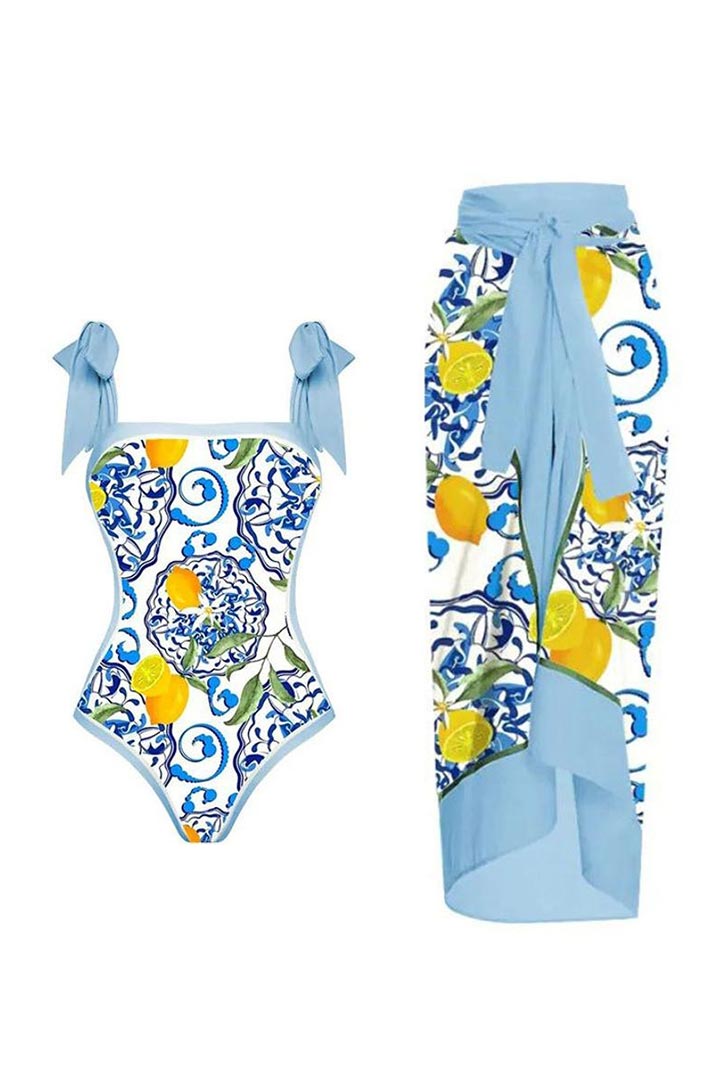 Picture of One Piece Padded Swimsuit with Sarong - Sky Blue 