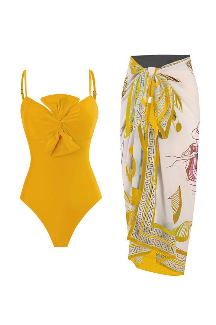 Picture of One Piece Padded Swimsuit with Sarong - Yellow